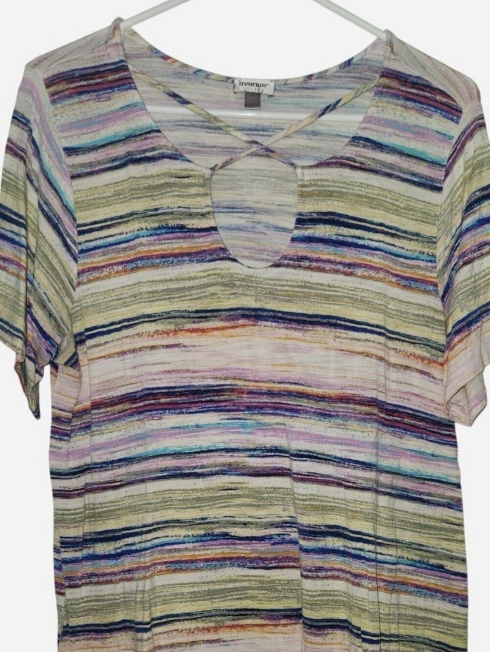Avenue Multicolor Space Dye Striped Criss Cross Keyhole Neck Top